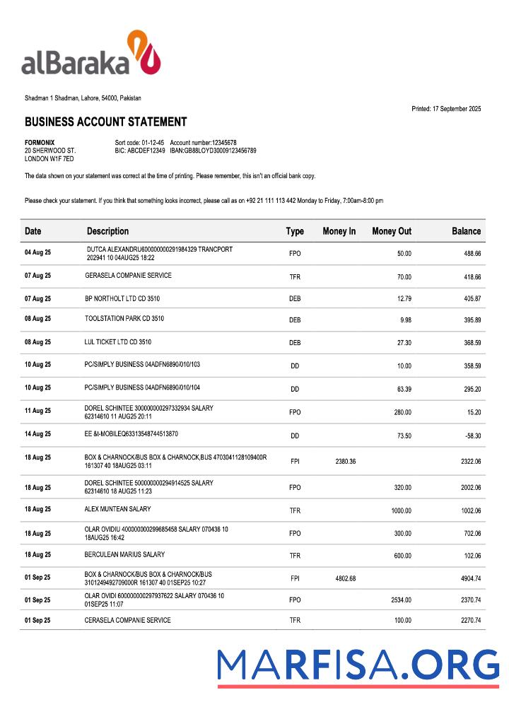 Downloadable Pakistani Al Baraka company statement Word and PDF template
